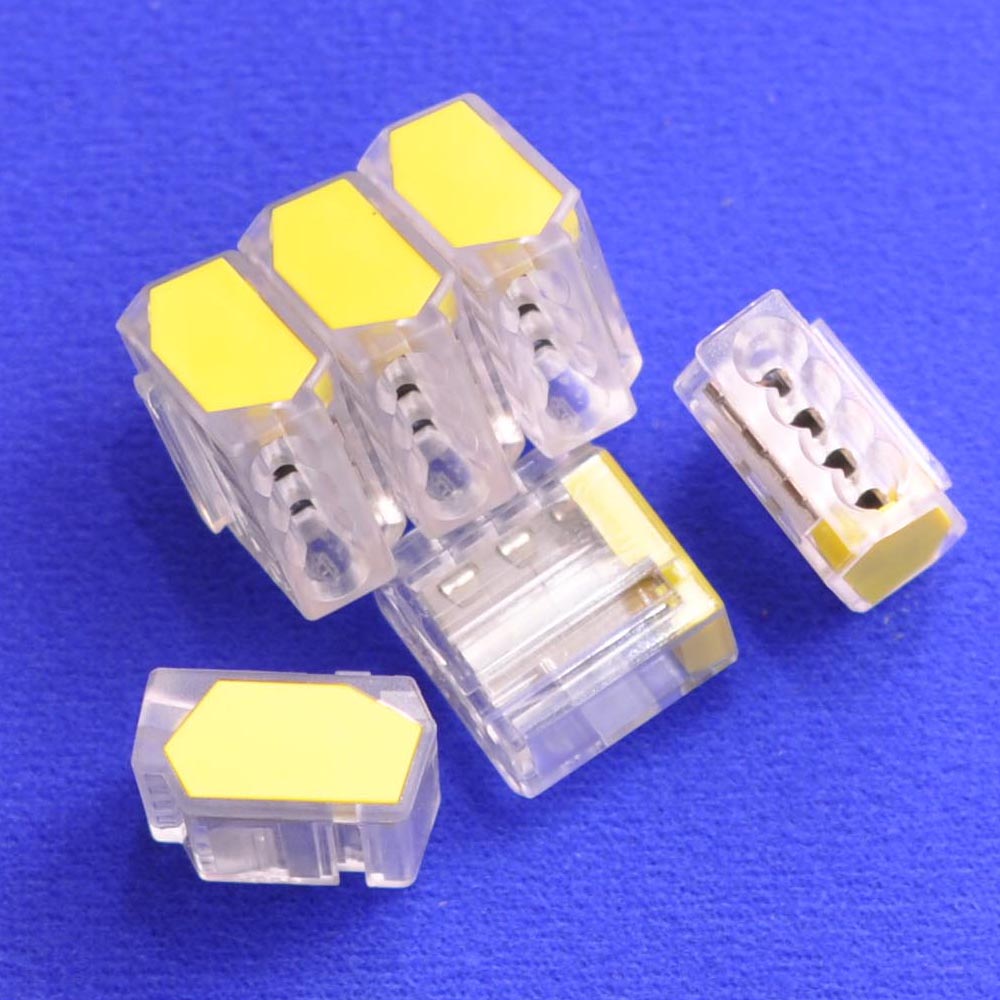 4 Way Push wire Junction Connector with clear housing and yellow plate